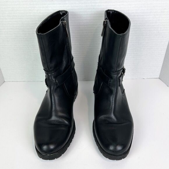 Anne Klein Crayton Moto Biker Leather Boots Black Mid Calf Buckle Classic Shoe 8 - Picture 4 of 13